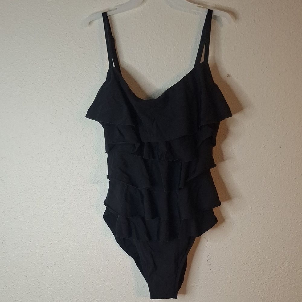 Aqua Green Black Ruffled One Piece Swimsuit size large